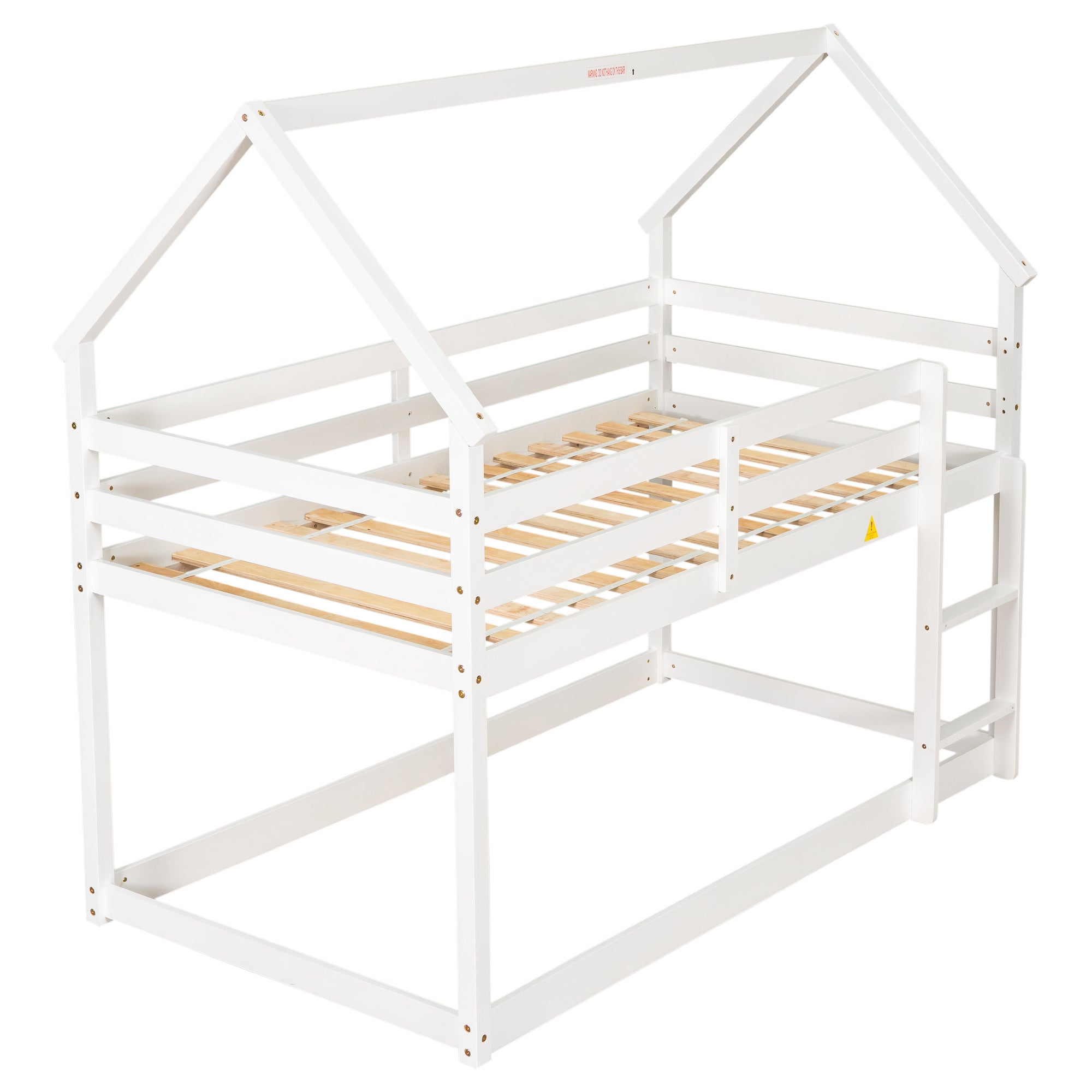 White Twin over Twin Loft Bed with Roof Design, Safety Guardrail, and Ladder