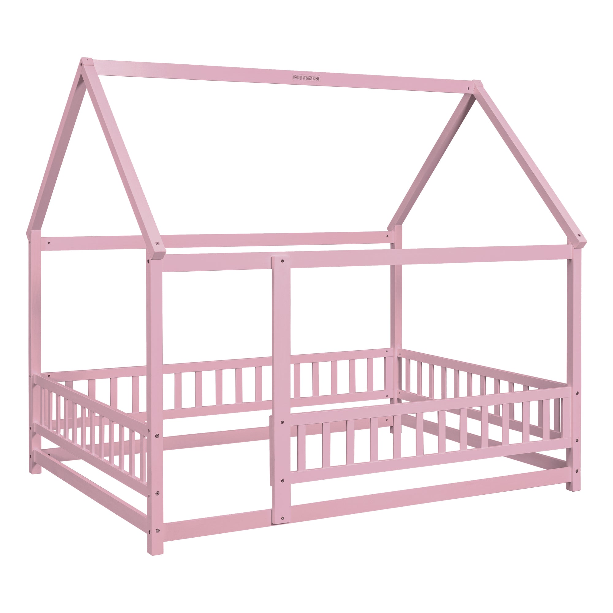 Pink Full-Size Toddler Floor Wooden Bed with House Roof Frame & Fence Guardrails