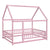 Pink Full-Size Toddler Floor Wooden Bed with House Roof Frame & Fence Guardrails