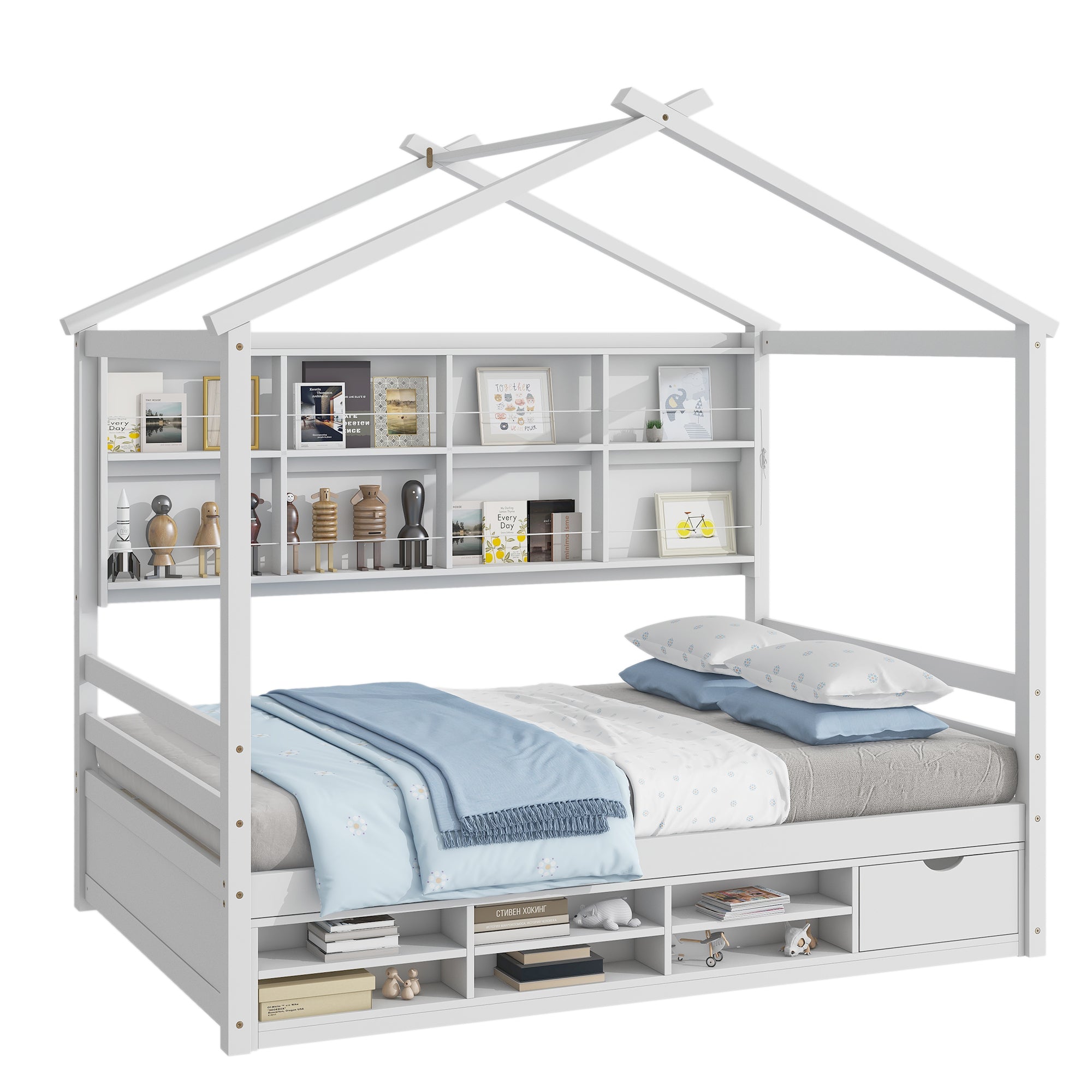 Full Sized Bed with Roof Frame, Bedside Shelves, and Under-Bed Storage Unit