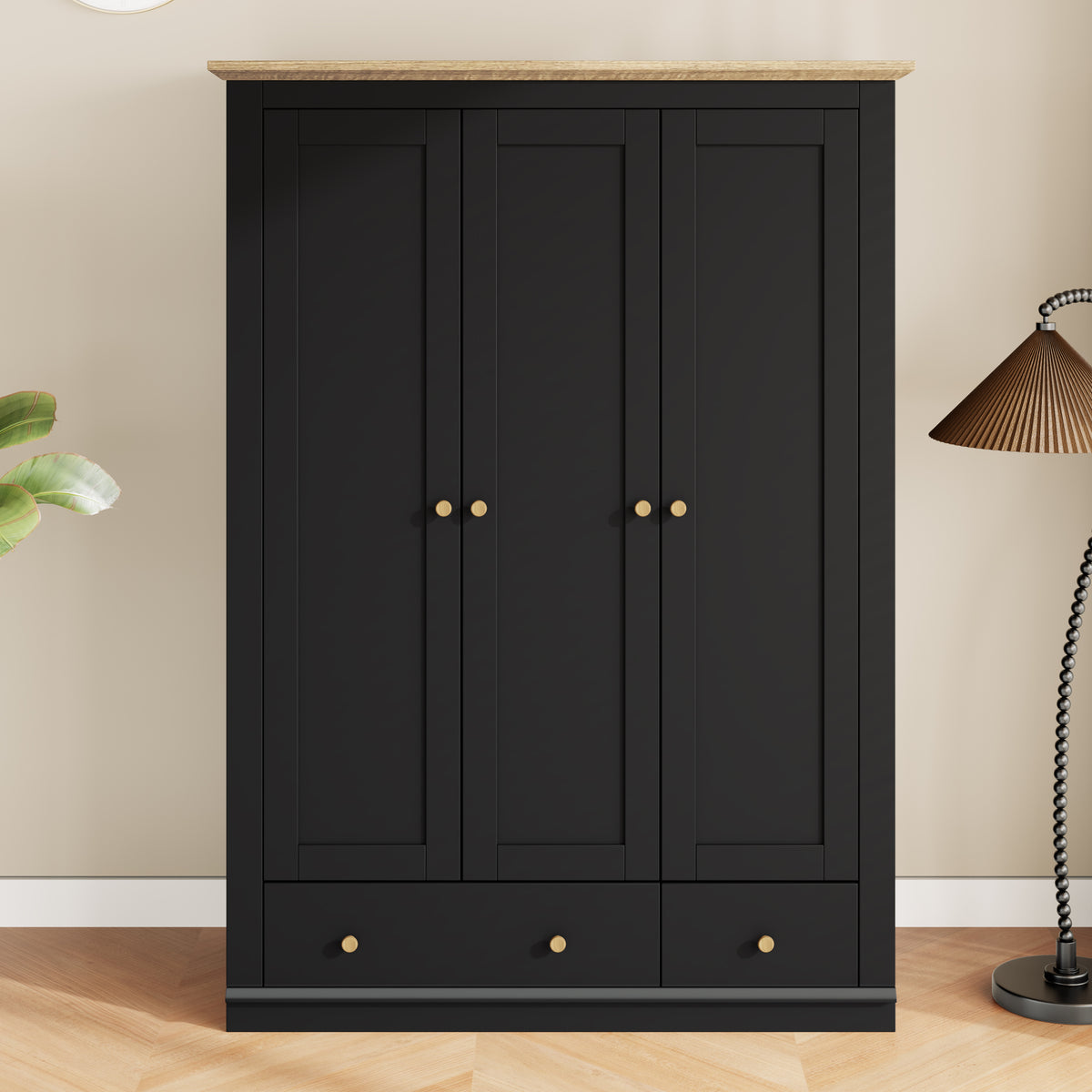 70&quot; Black Mid Century Modern Wood 3 Door Armoire Wardrobe Closet