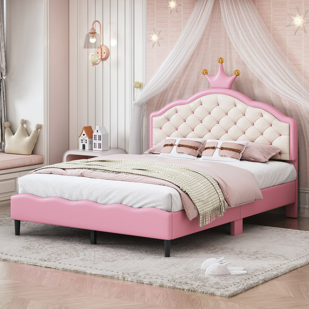 Full Size Lovely Crown Fantasy PU Leather Princess Bed with Tufted Headboard In Pink Cream