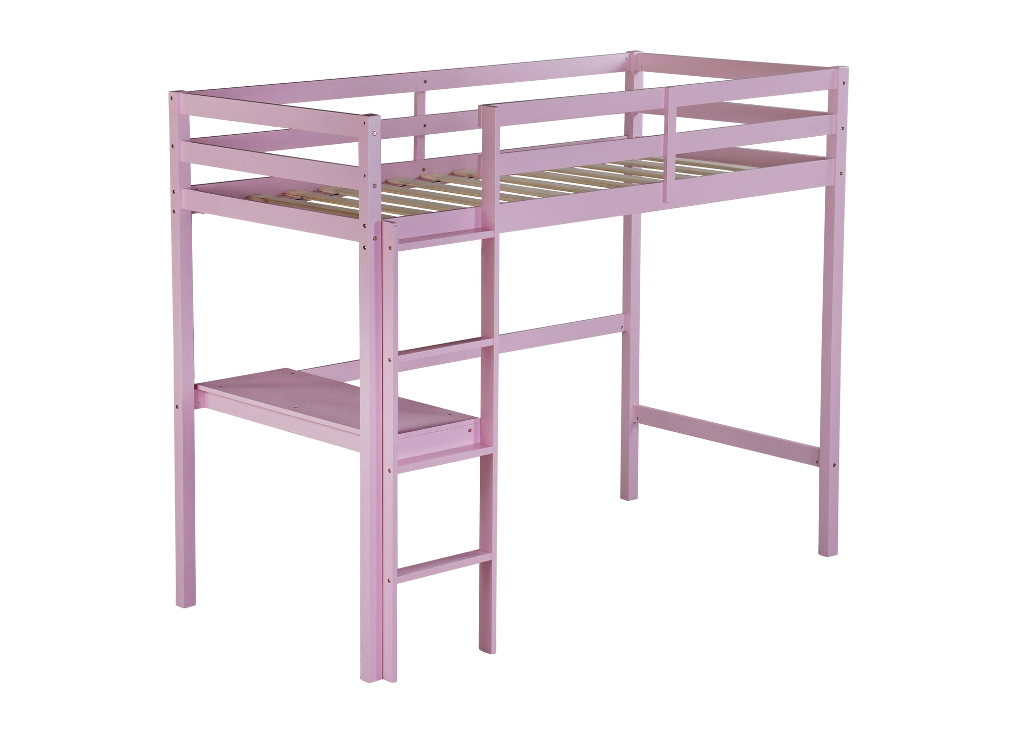 Pink Twin High Loft Bed with Built-in Desk, Rubber Wood Frame, and Safety Guardrail