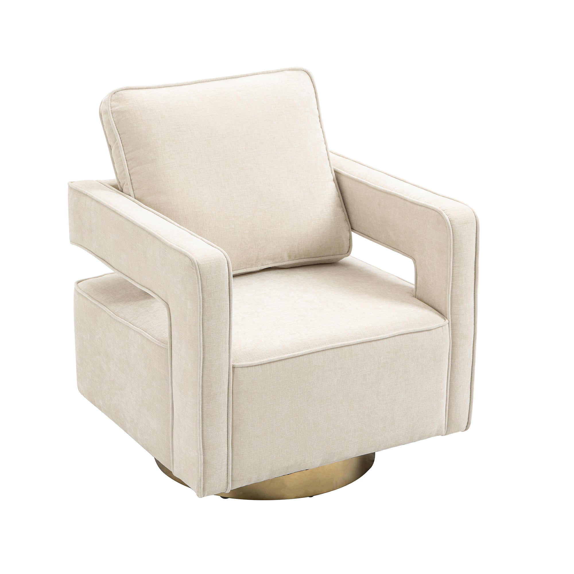 Open Back Beige Chenille Swivel Accent Chair With Gold Stainless Steel Base