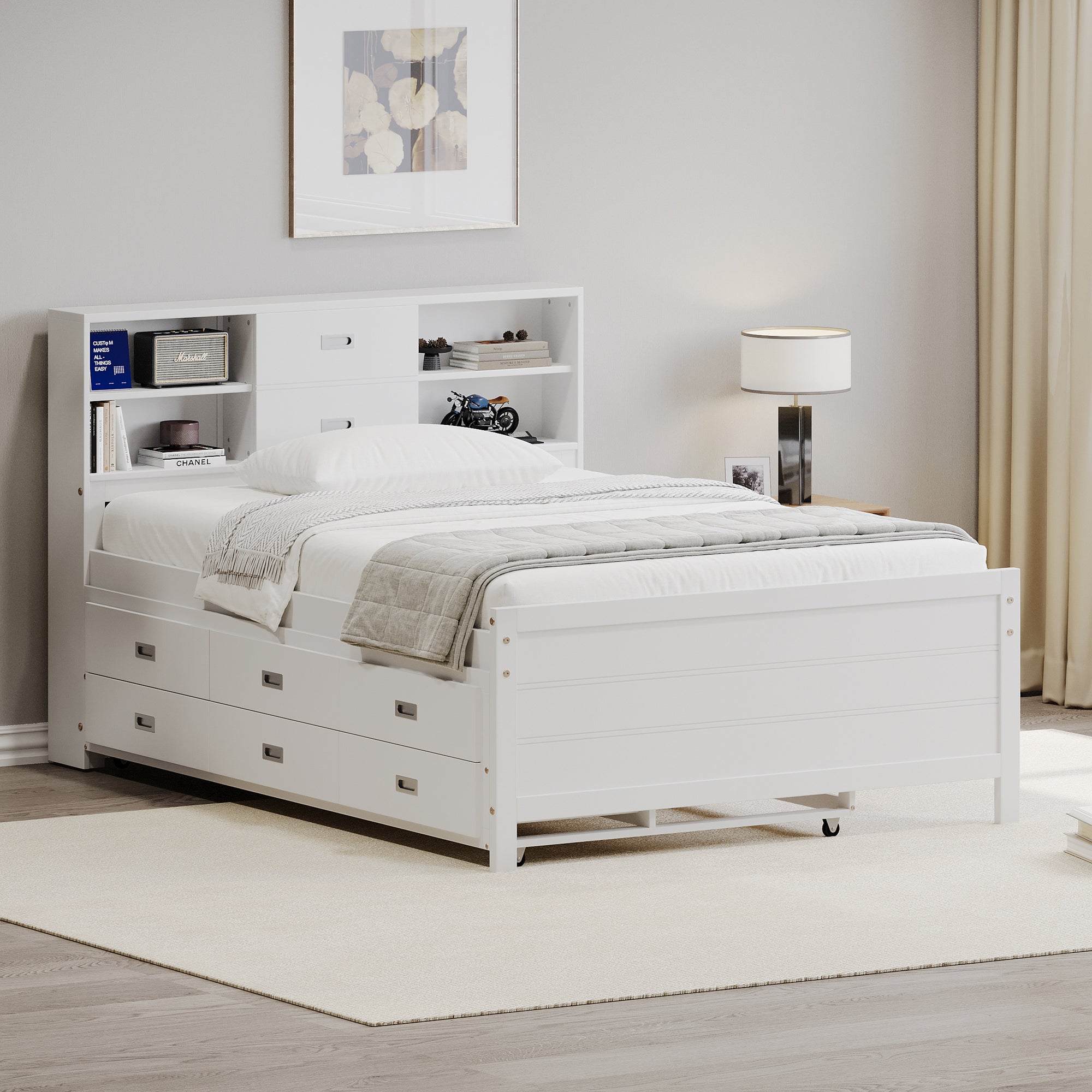 White Twin Size Trundle Bed with Drawers