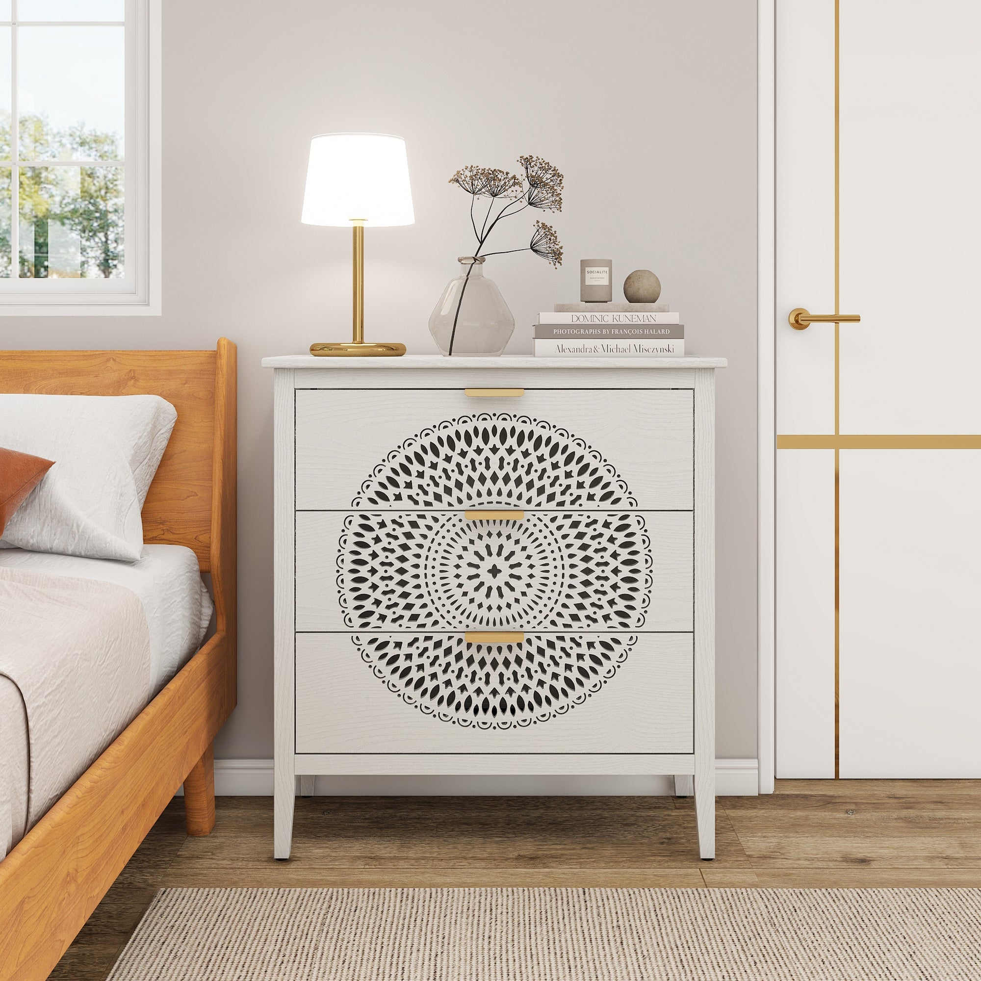 3 Drawer Cabinet with Hollow-Carved Design and Metal Handles for Storage in Living Room or Bedroom In Beige