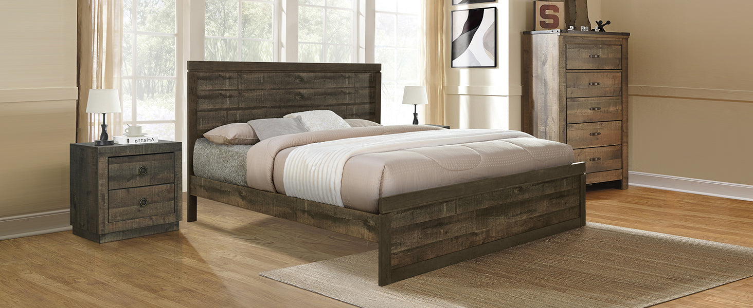 Farmhouse Style Pine Wood Platform King Bed in Rustic Brown