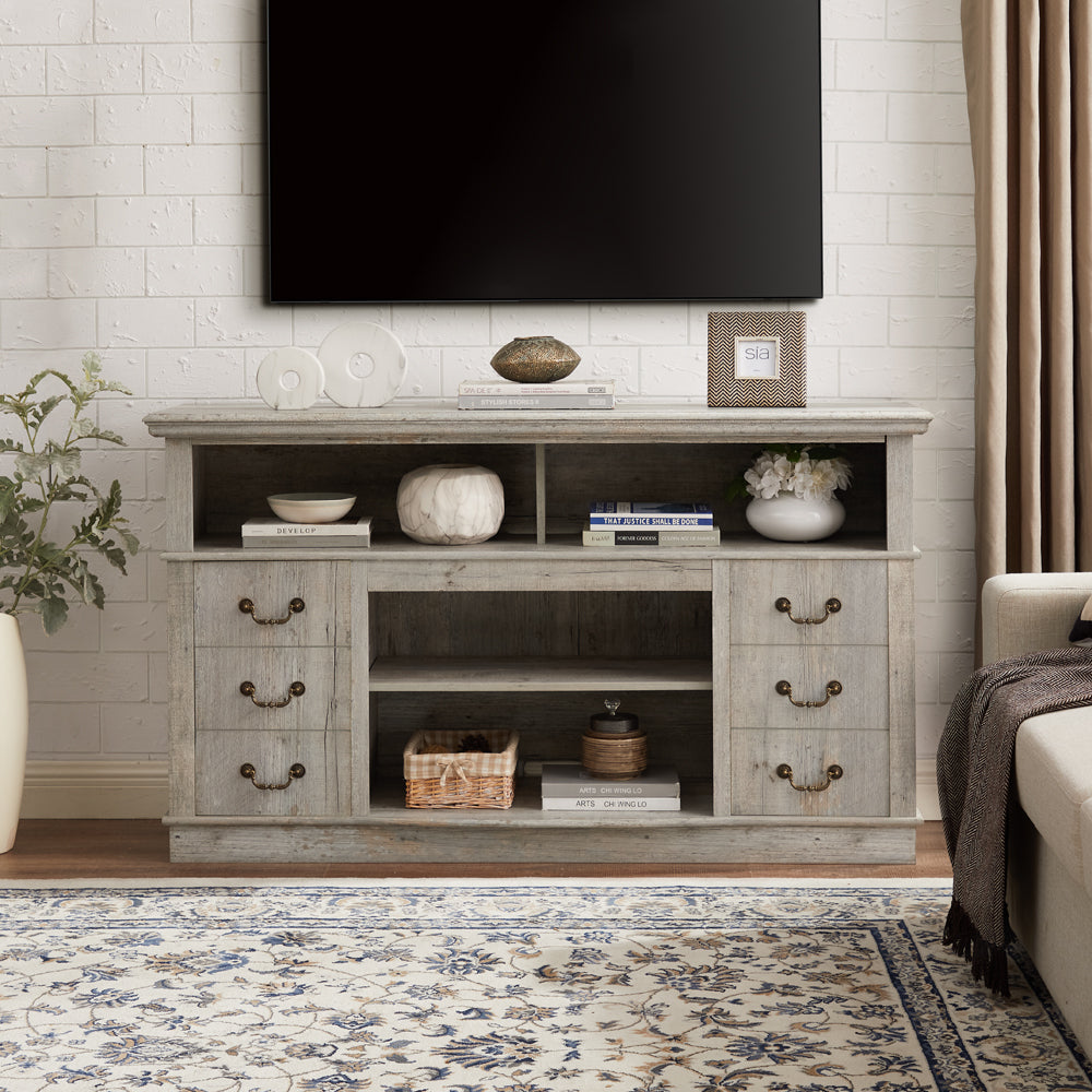 Traditional TV Media Stand Rustic Entertainment Console for TV Up to 65 Inches with Open and Closed Storage In Light Gray