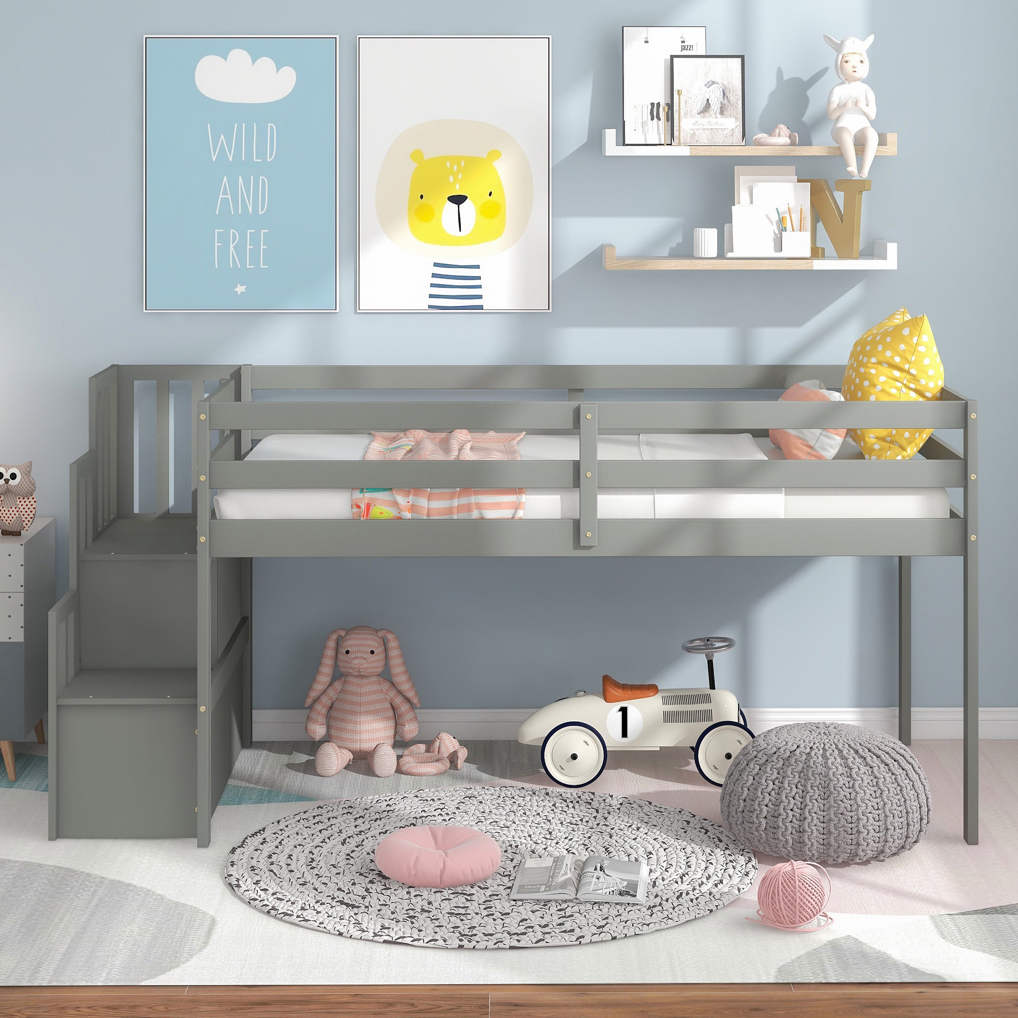 Gray Twin Loft Bed with Staircase and Storage