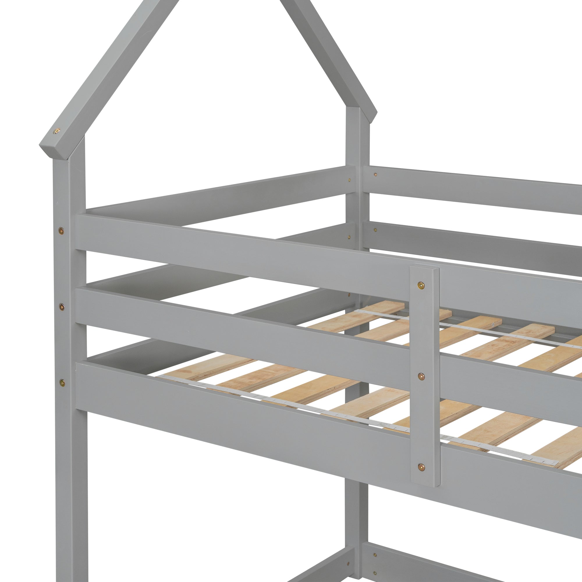 Twin over Twin Bunk Bed with Wood House Roof in Gray