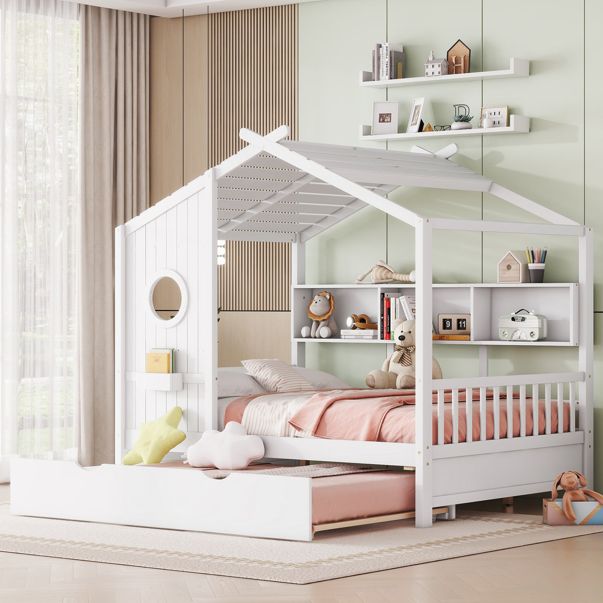 Wooden Full Size House Bed With Trundle And Storage Shelf In White