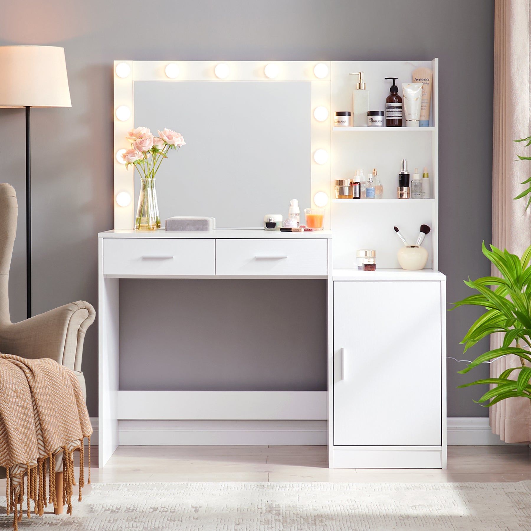 Vanity Desk with Mirror and Lights, 46.4IN Dressing Table with 2 Large Drawers and 3 Adjustable Brightness Modes In White