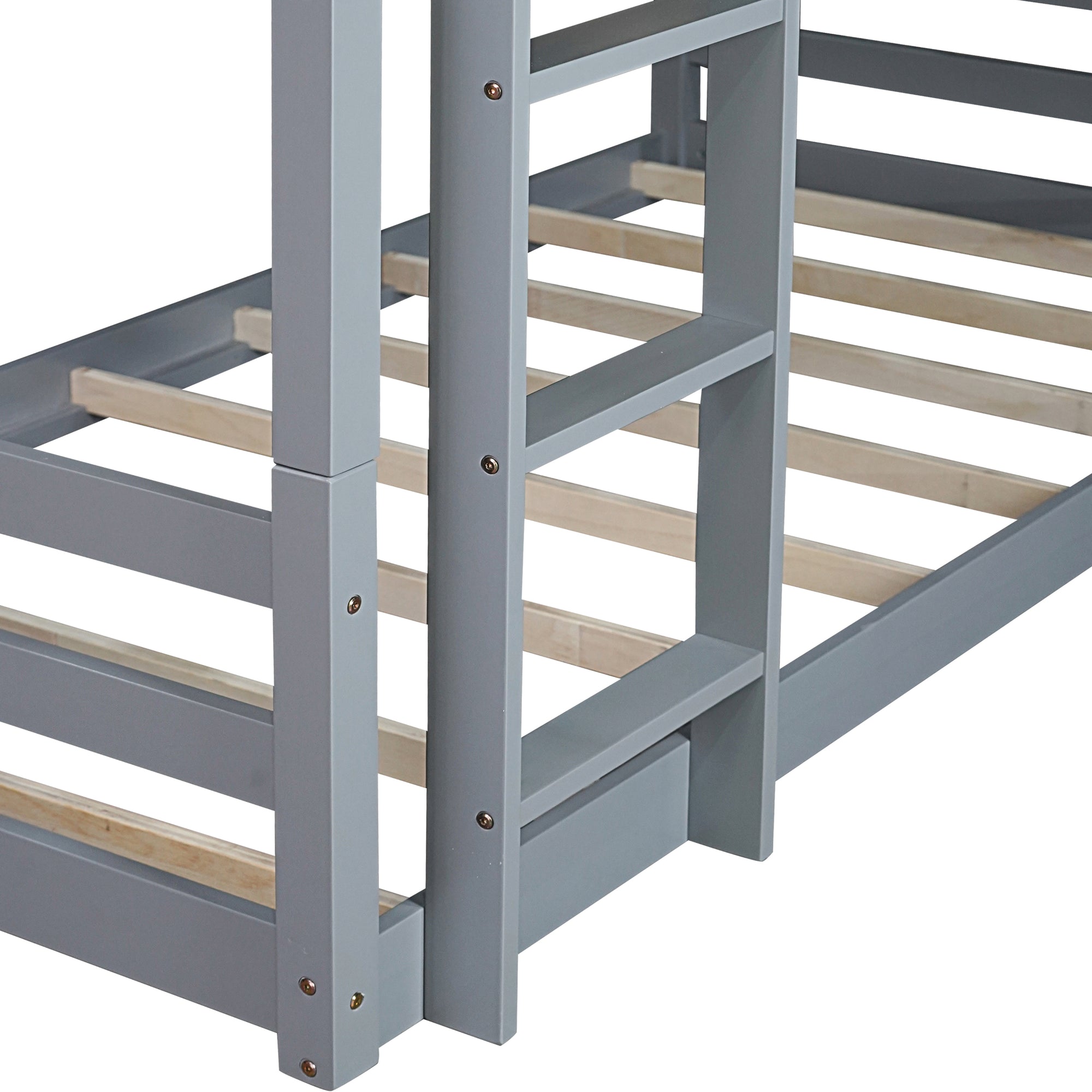 Gray Triple Rubber Wood Bunk Bed with Built-in Ladders and Guardrails