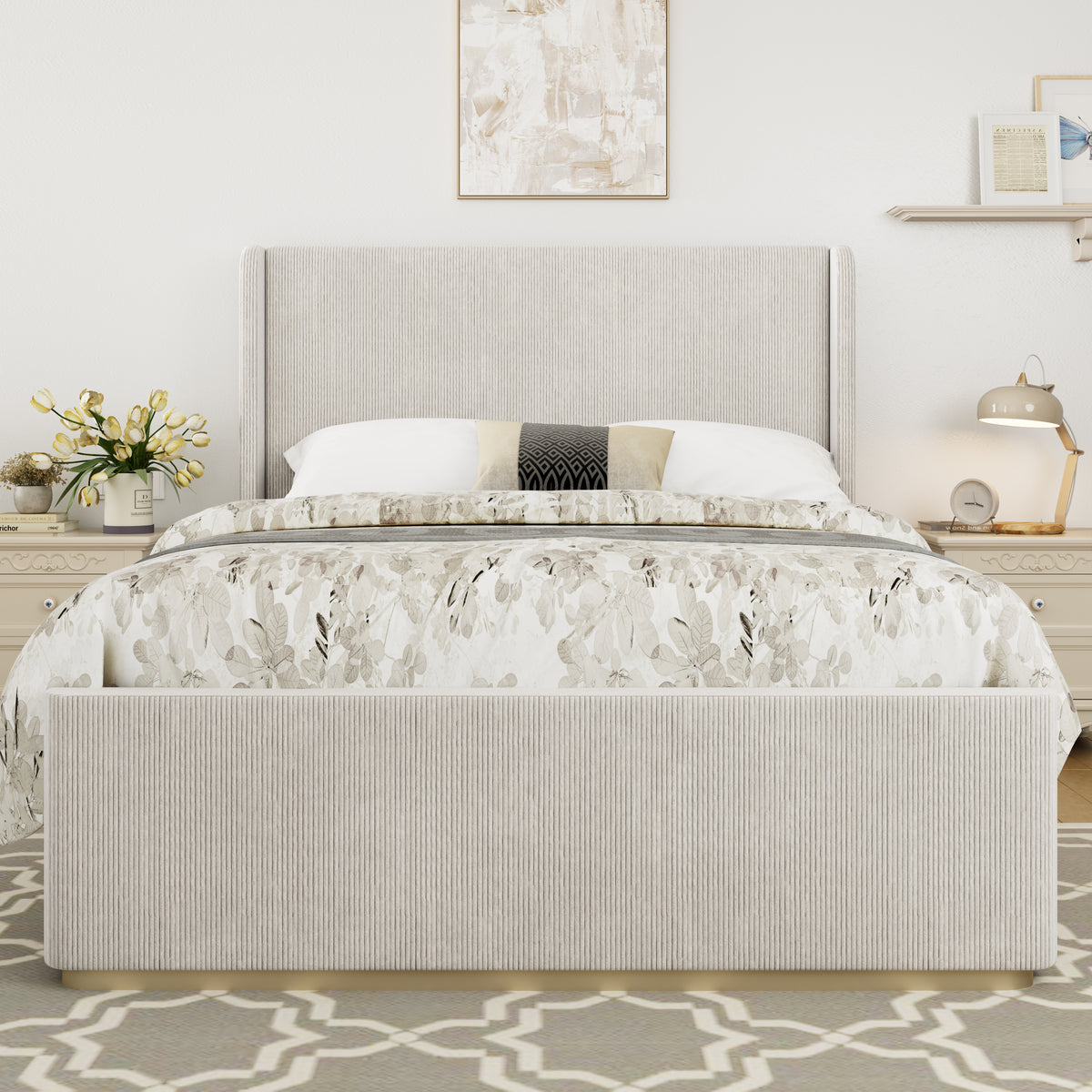 Light Gray Queen Upholstered Bed with Wingback Headboard in Luxurious Corduroy