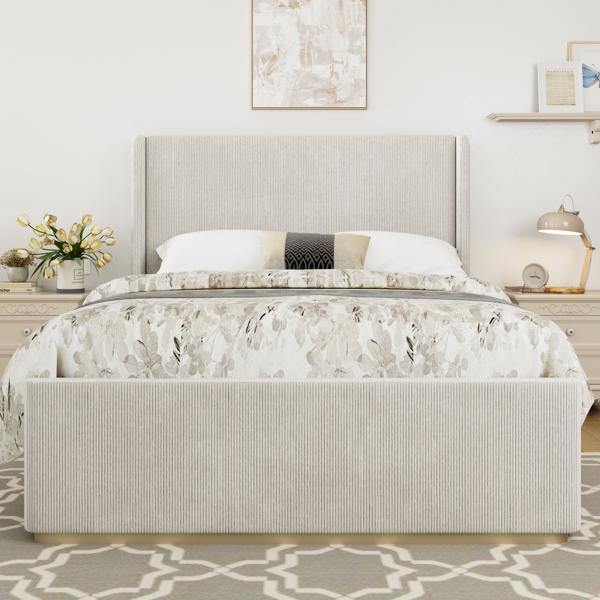 King Sized Upholstered Corduroy Bed in Light Gray