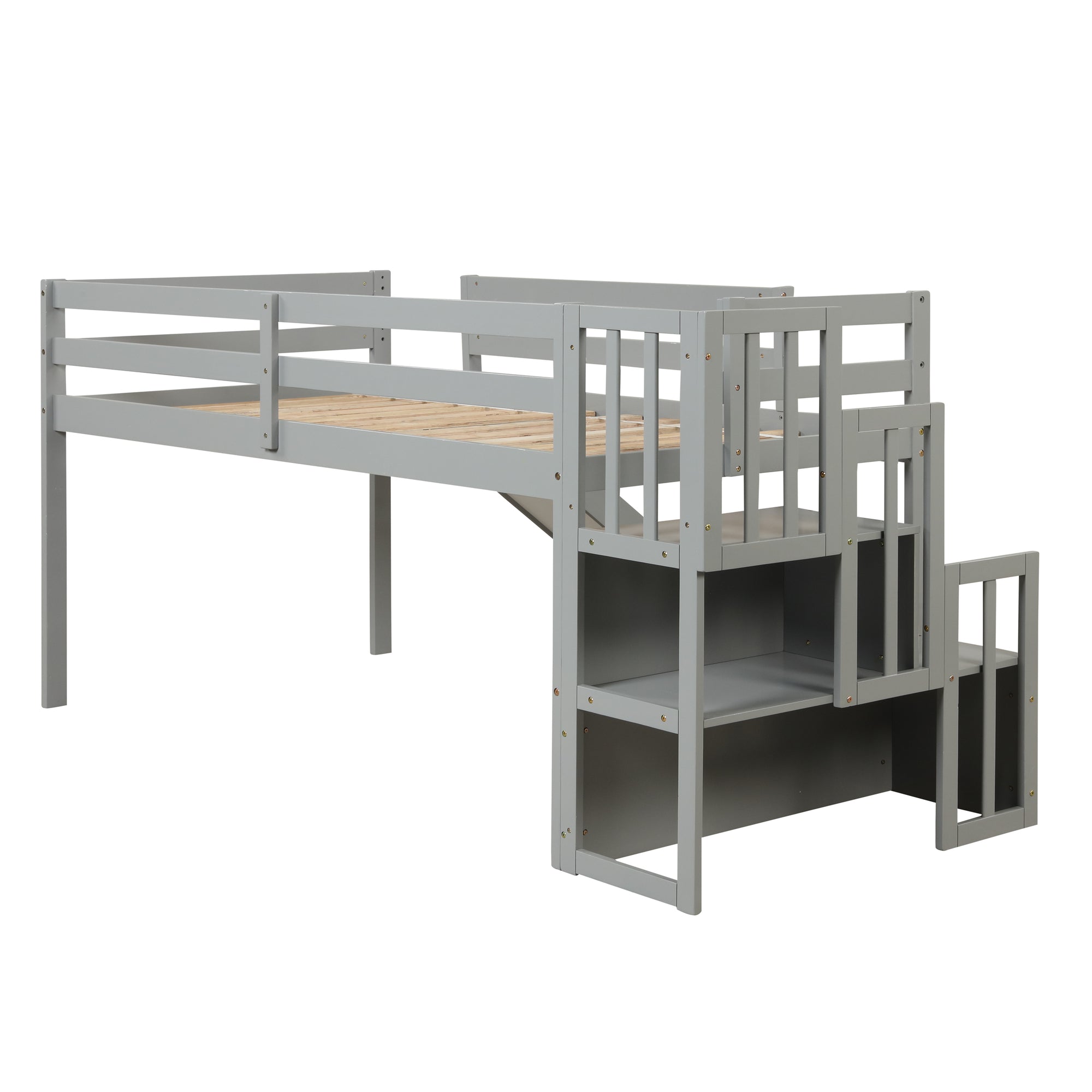 Gray Twin Loft Bed with Slide, Storage Staircase, and Full-Length Guardrails