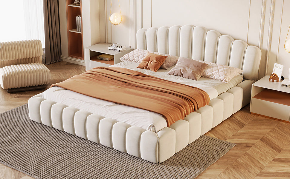 Queen Beige Velvet Upholstered Bed Frame with Shell-Shaped Headboard and Storage