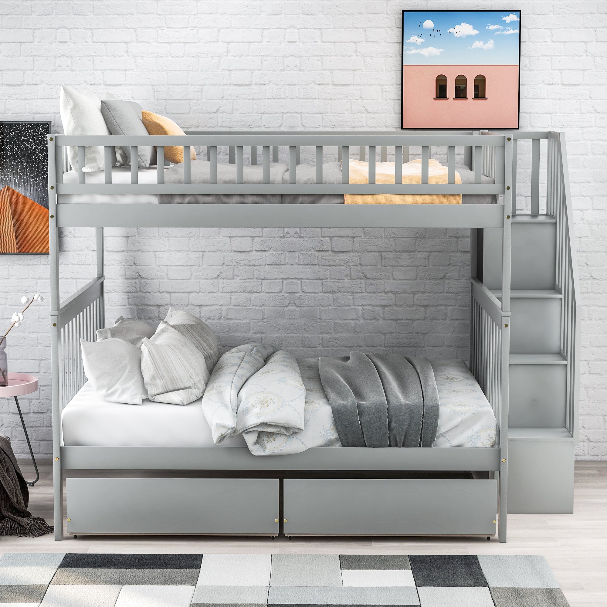 Full Over Full Bunk Bed with Two Drawers and Storage In Gray