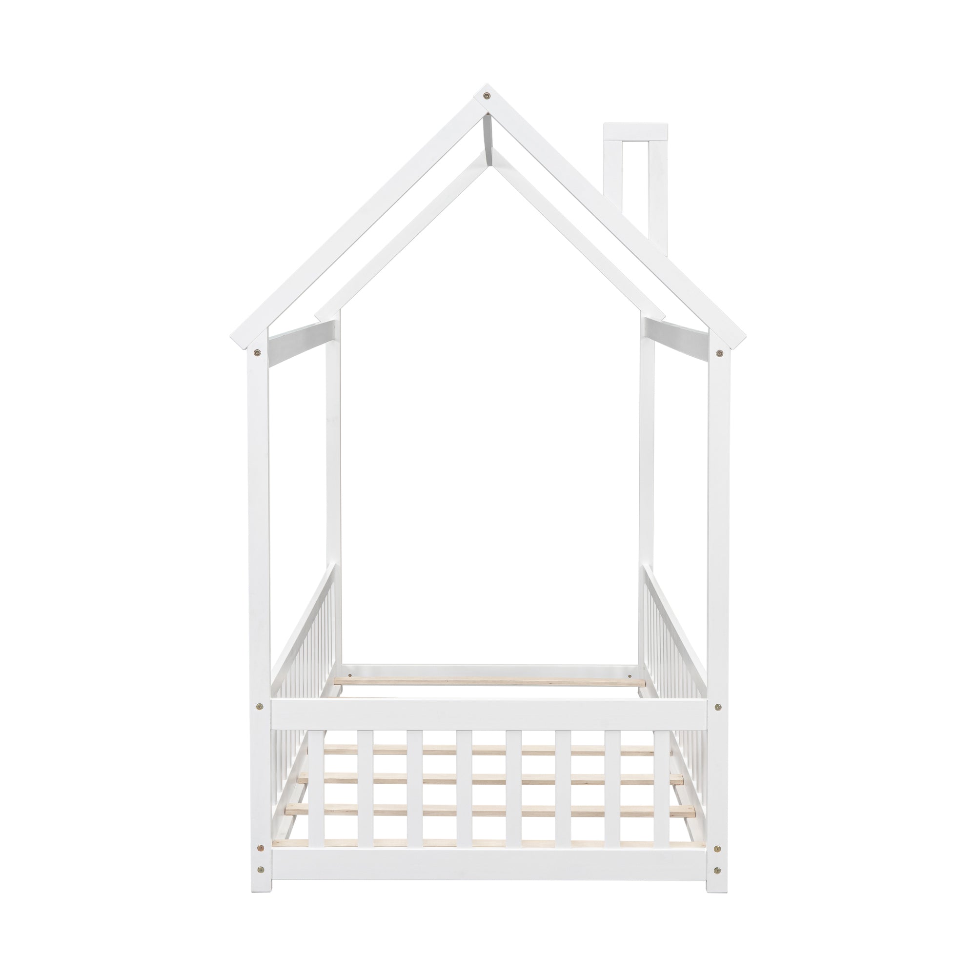 White Twin House Toddler Floor Bed with Guardrails and Slats