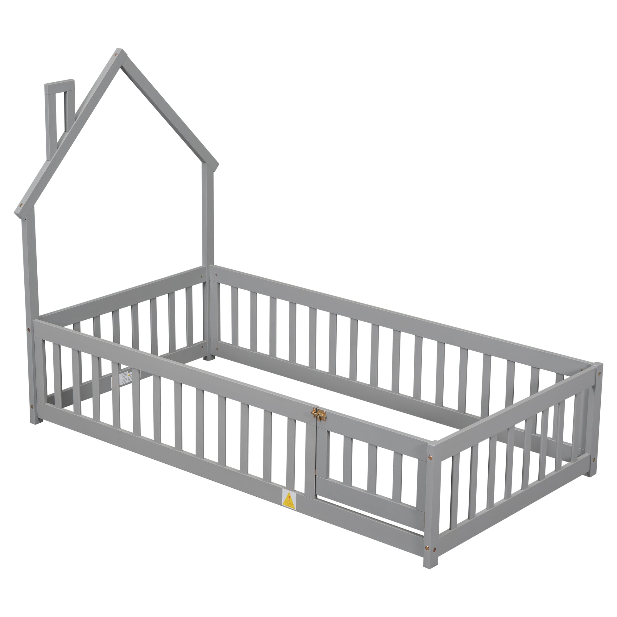 Gray Twin House-Shaped Headboard Floor Bed with Fence