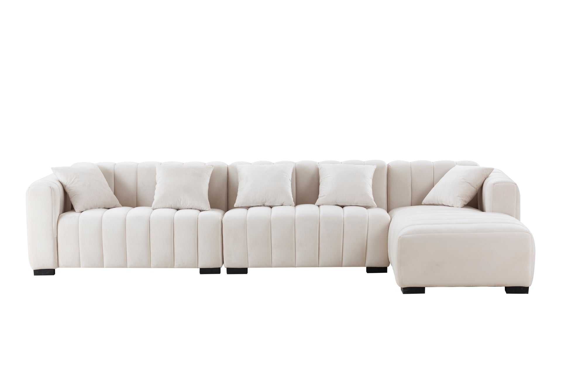 Beige Velvet L-Shaped Sectional Sofa with Tufted Upholstery & Chaise