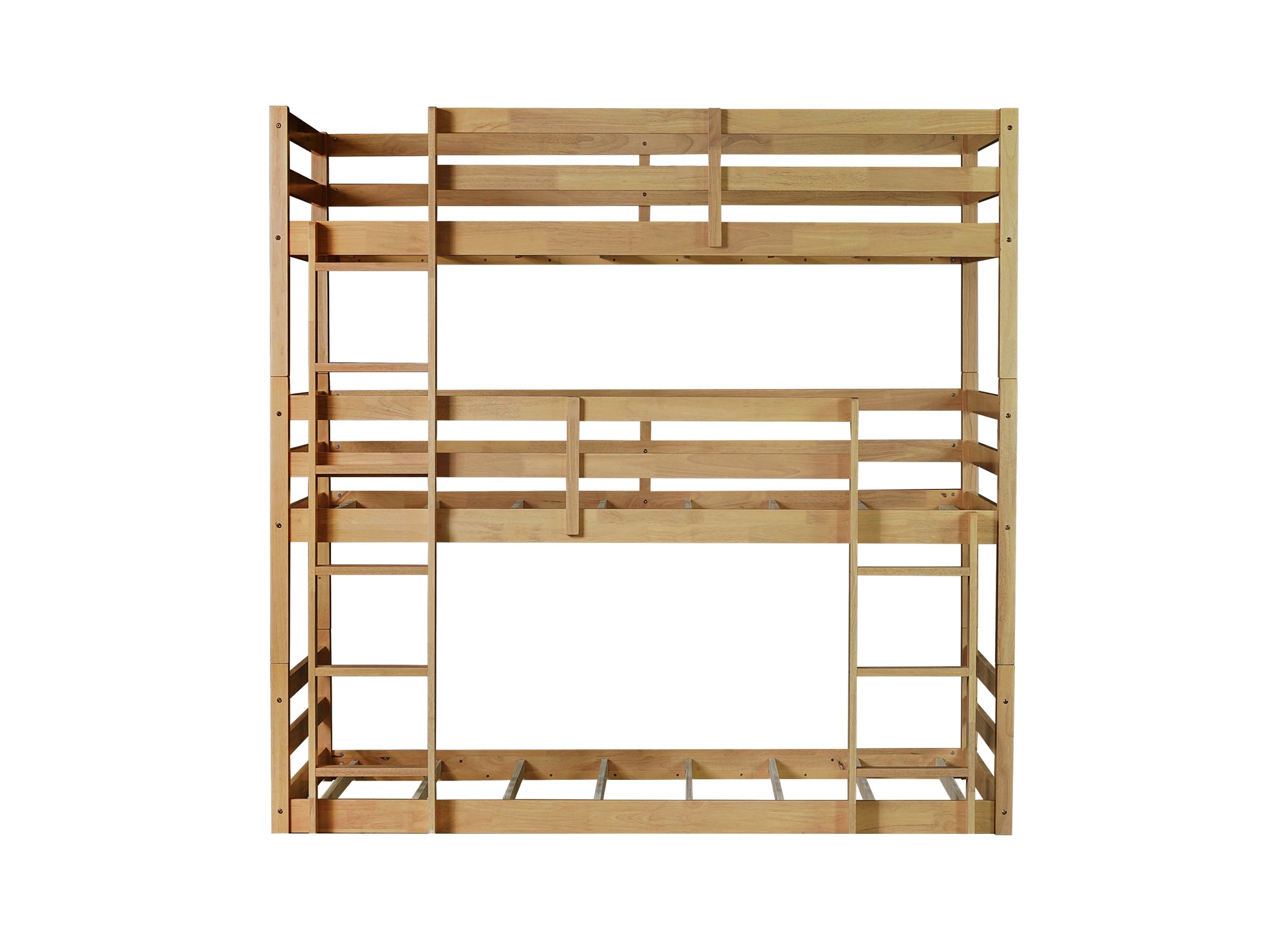 Triple Wood Bunk Bed with Two Built-in Ladders and Guardrails