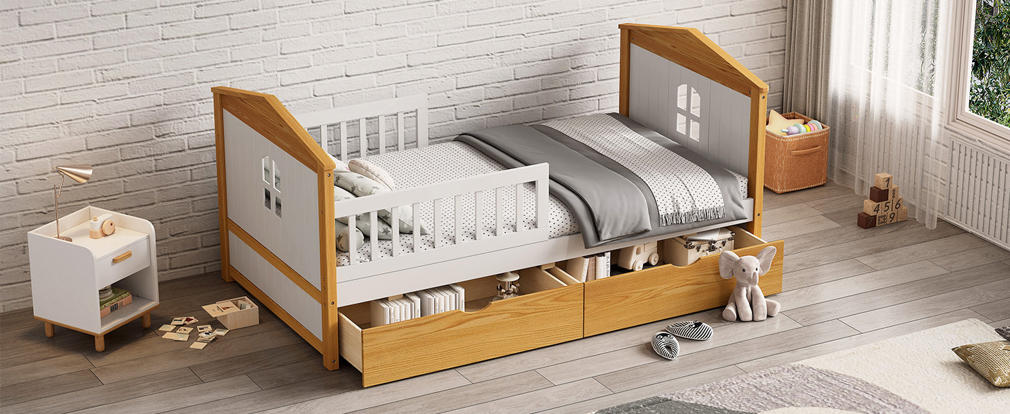 Twin Safety Bed For Toddlers with Fence Guardrails & Storage Drawers