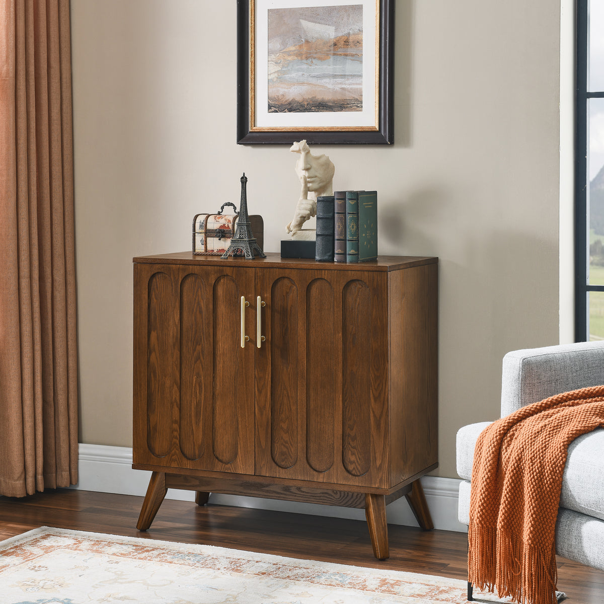 Mid Century Modern Fluted Sideboard Cabinet with Adjustable Shelves &amp; Solid Wood Legs In Walnut