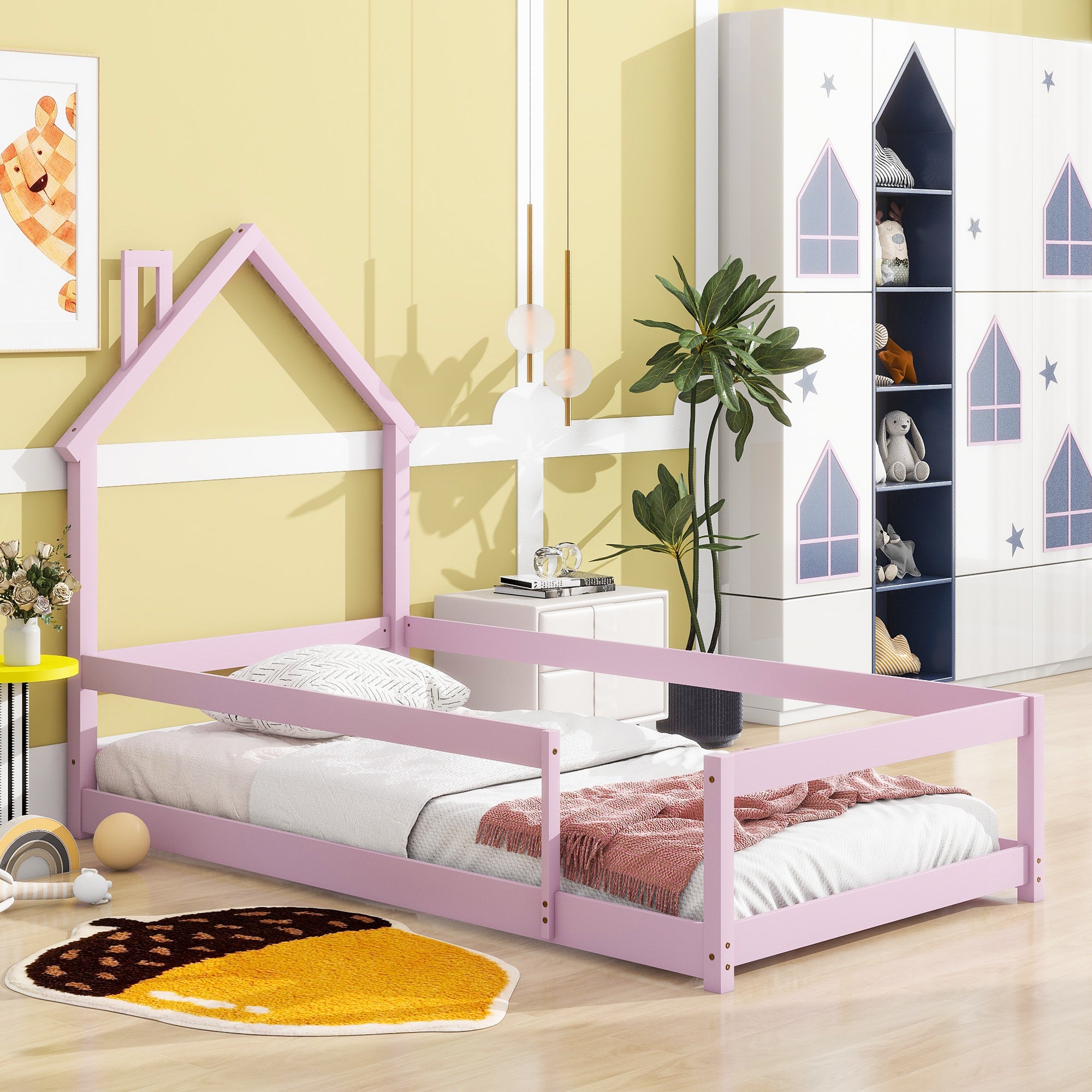 Pink Twin Size Wood Toddler Floor Bed with House-Shaped Headboard & Guardrails