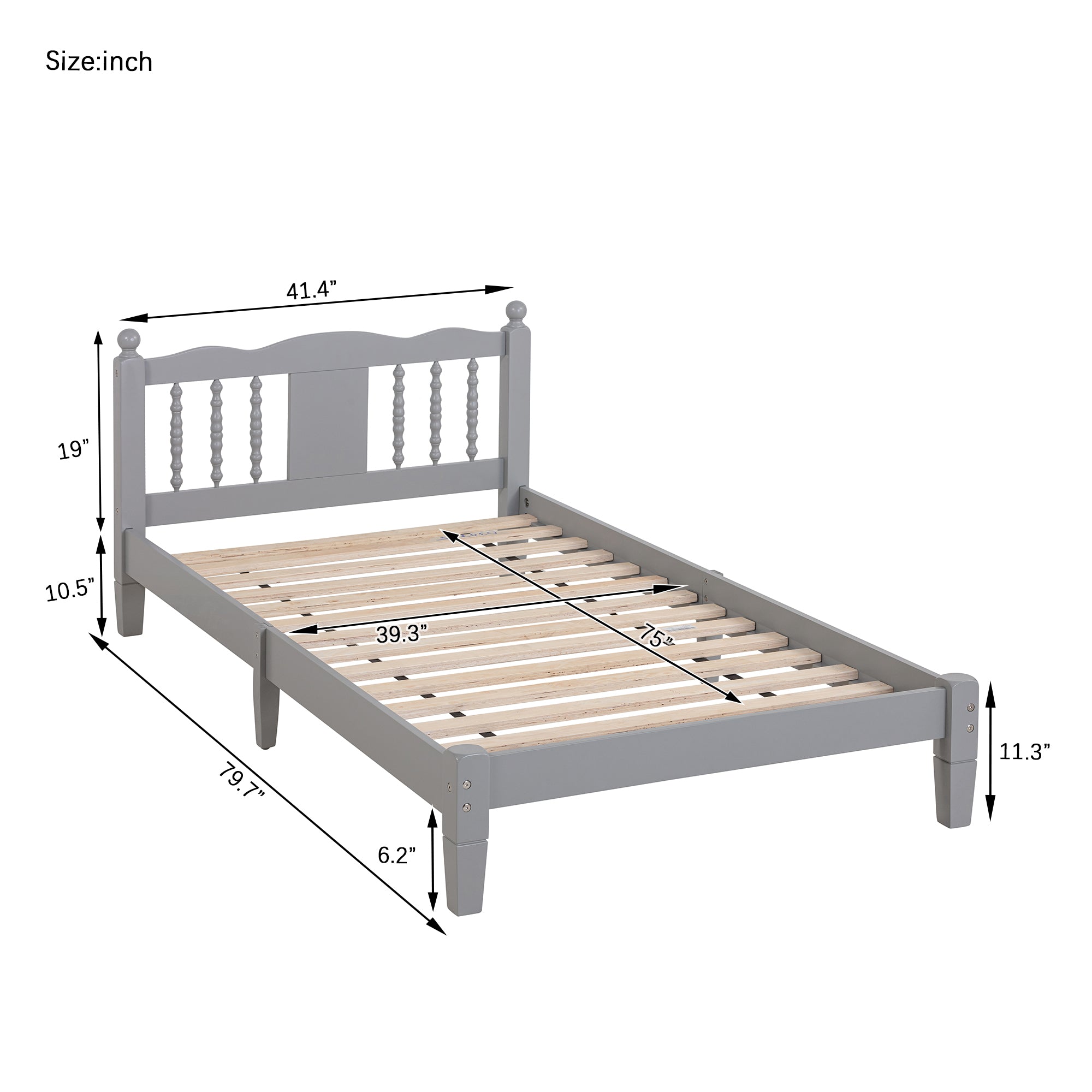 Gray Twin Bed with Column-Decorative Headboard