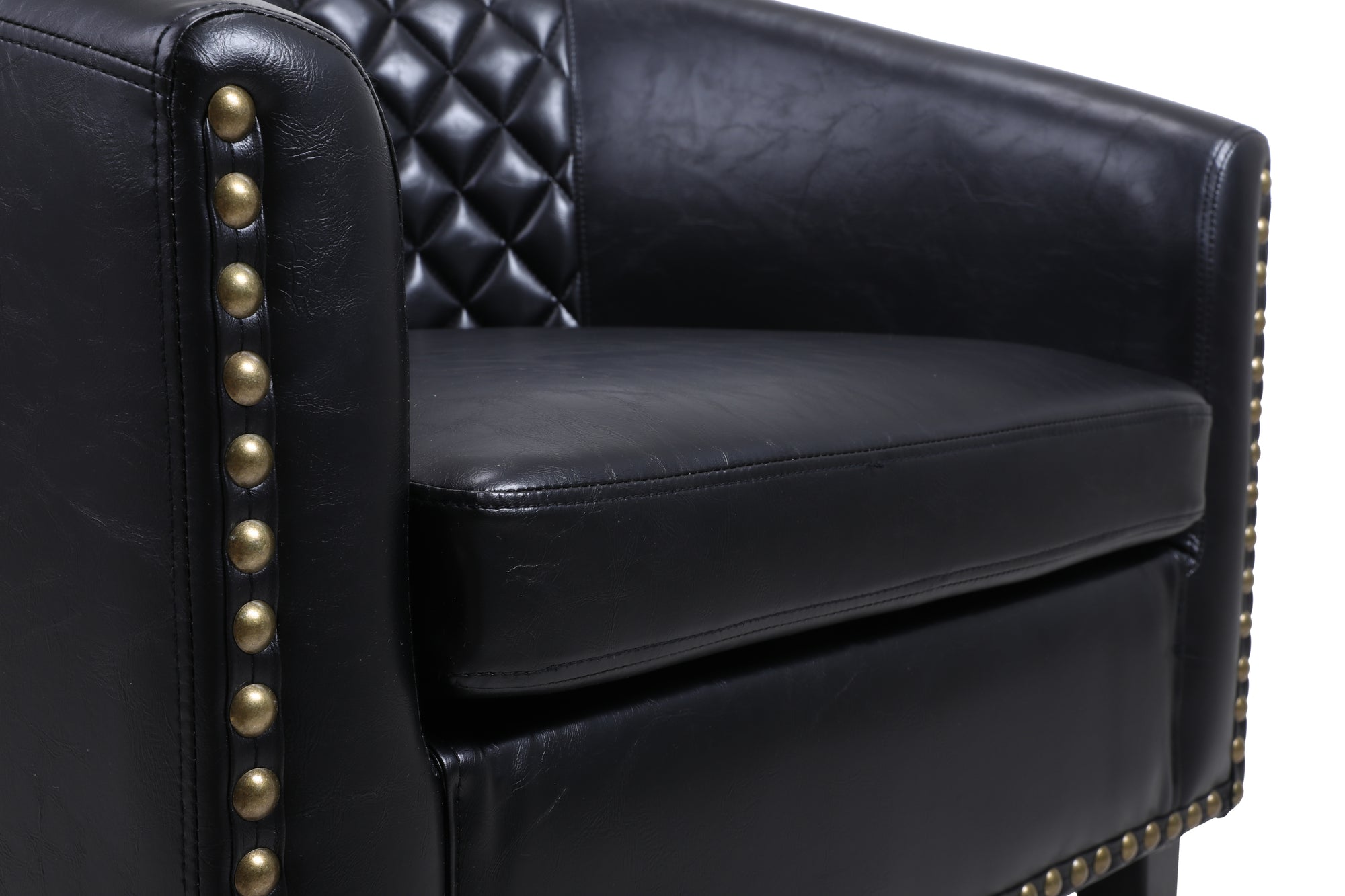 Black Leather Barrel Accent Chair With Nailheads & Solid Wood Legs