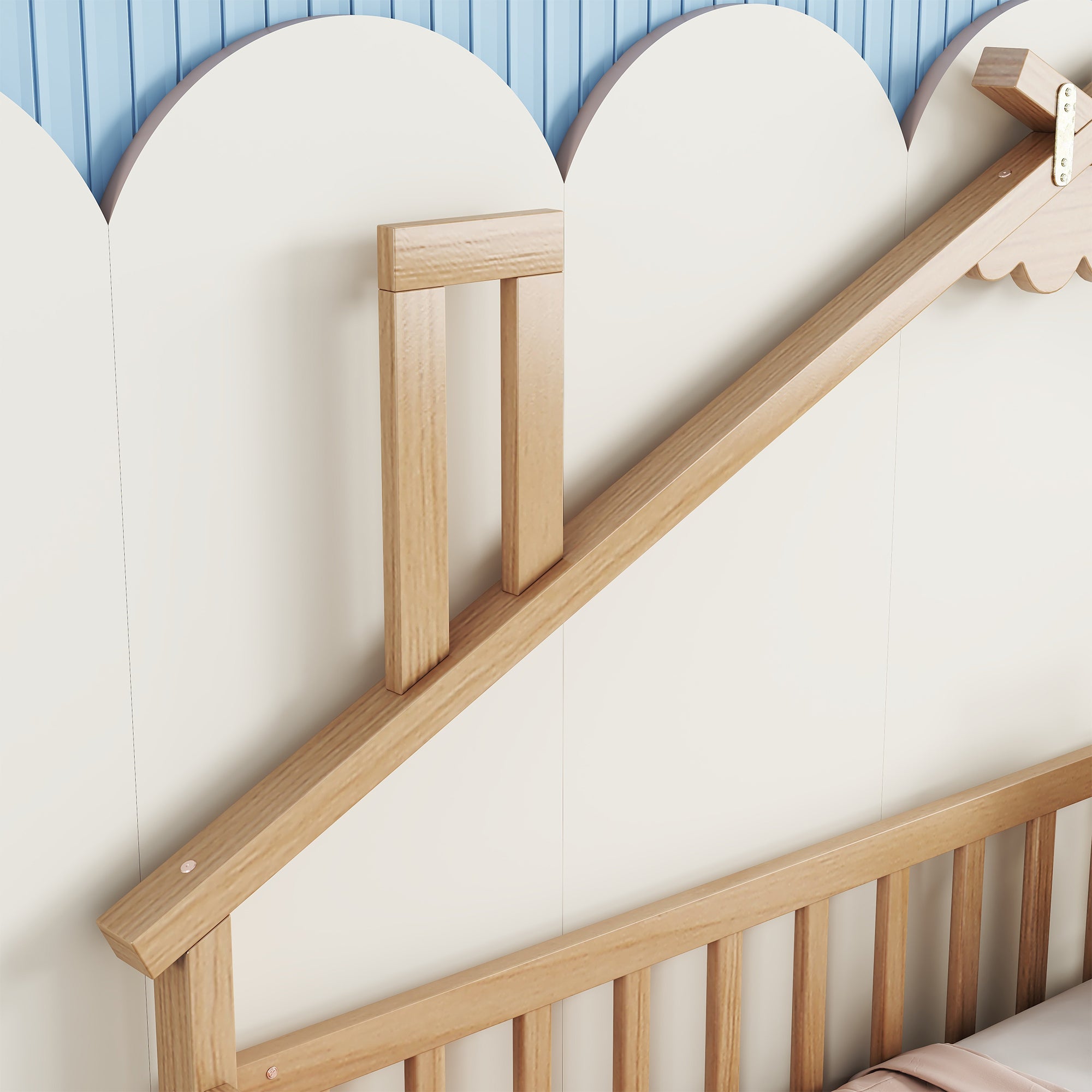 Twin House-Shaped Toddler Floor Bed with Guardrails and Fence in Natural Tones