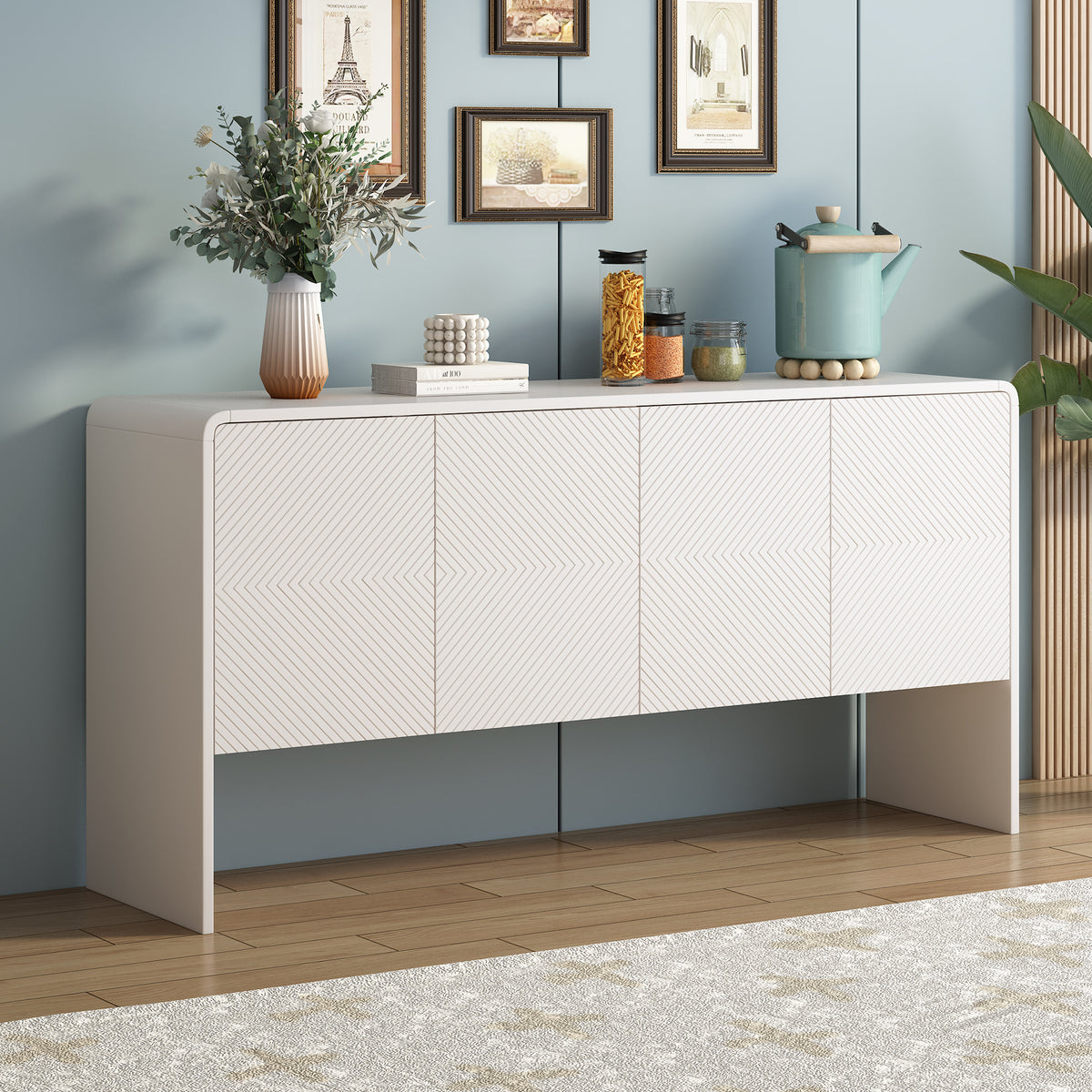 60 Inch Large Storage Space Sideboard with 4 Doors and Rebound Device In White