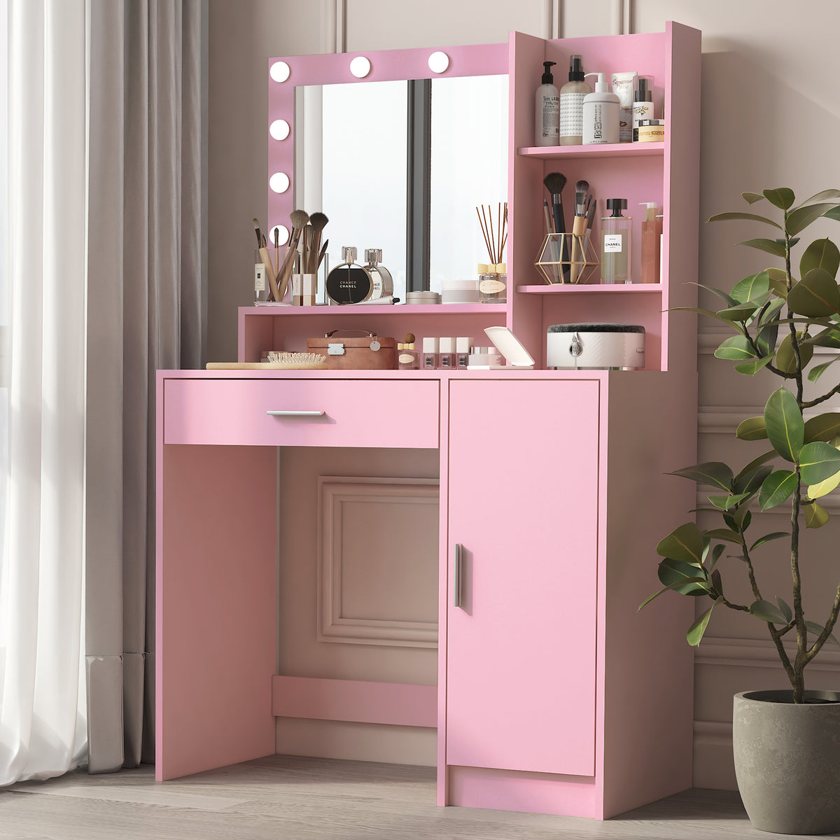 Vanity Desk with Mirror &amp; Light, Adjustable Brightness, Large Drawer Three Level Storage Dresser In Pink