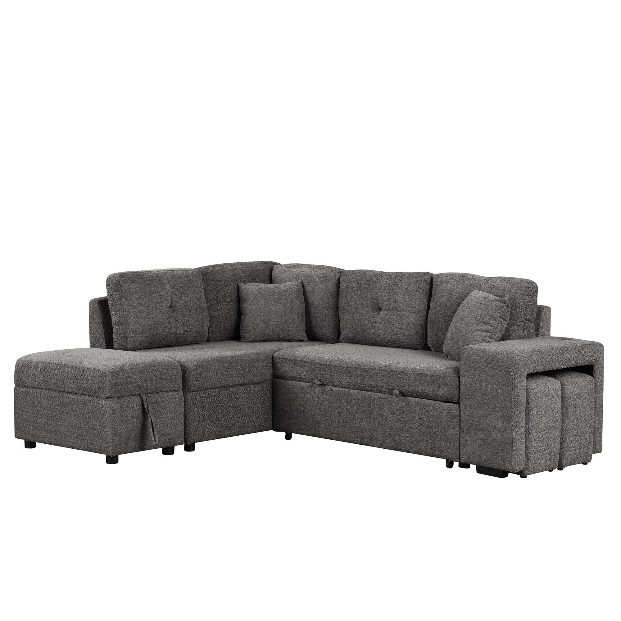 Dark Gray Chenille Pull-Out Sofa Bed with Storage Ottomans and Wireless Charger