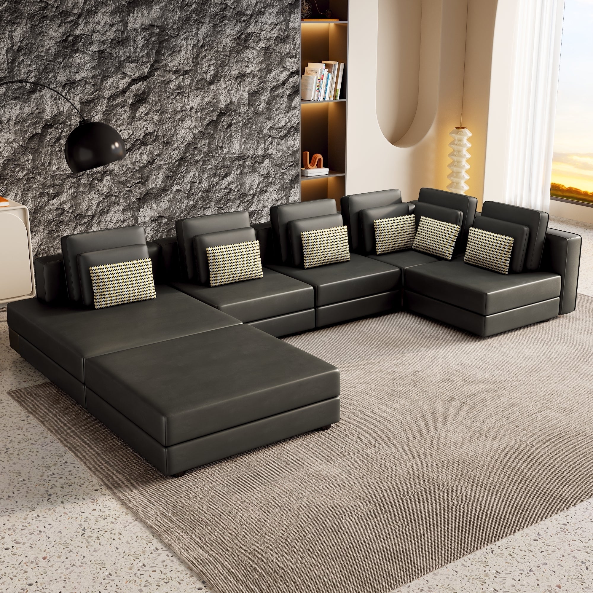 Casablanca Modular Sectional Sofa with Movable Ottoman in Black Palomino