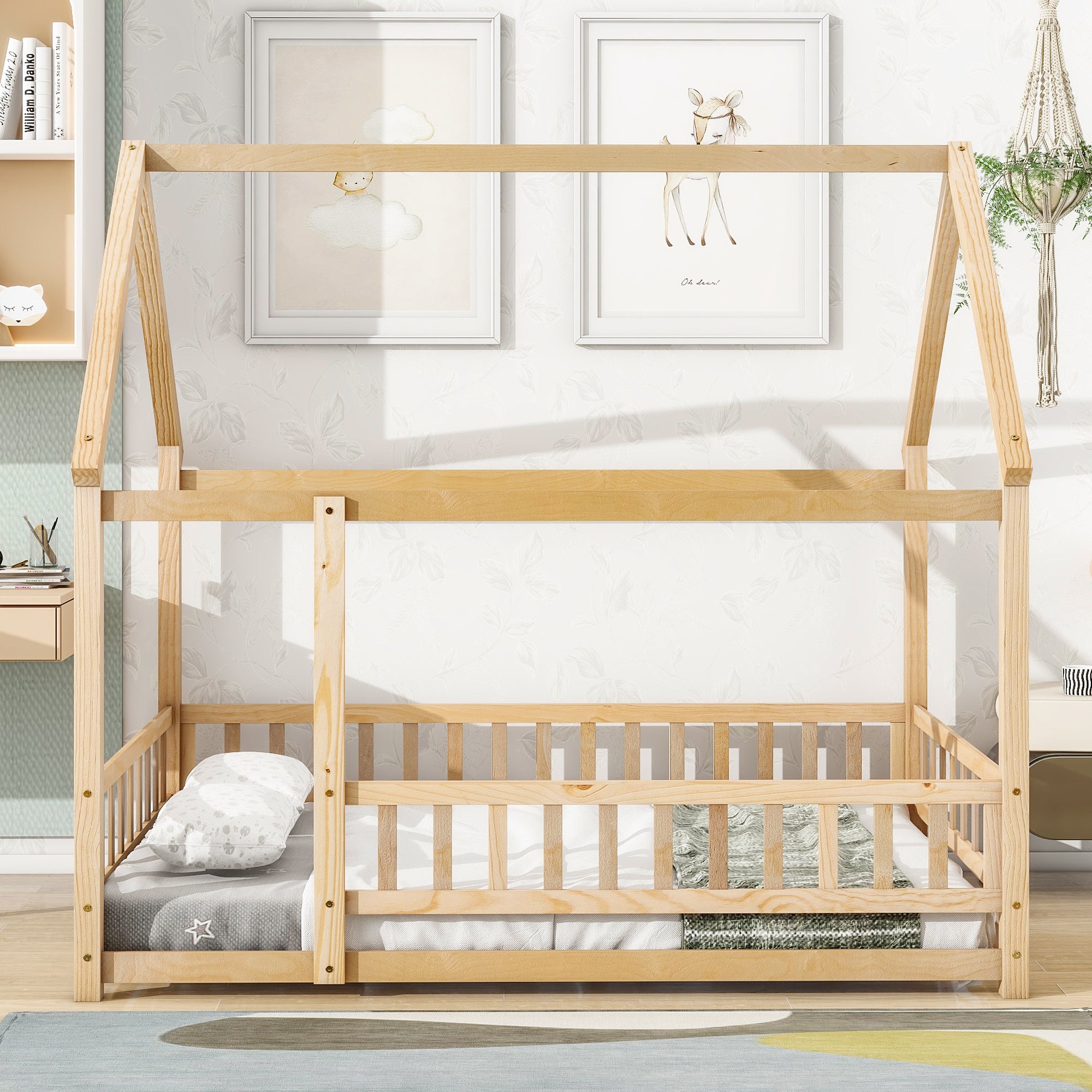 Natural Full Size Floor Wooden Toddler Floor Bed with House Roof Frame and Fence Guardrails