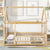 Natural Full Size Floor Wooden Toddler Floor Bed with House Roof Frame and Fence Guardrails