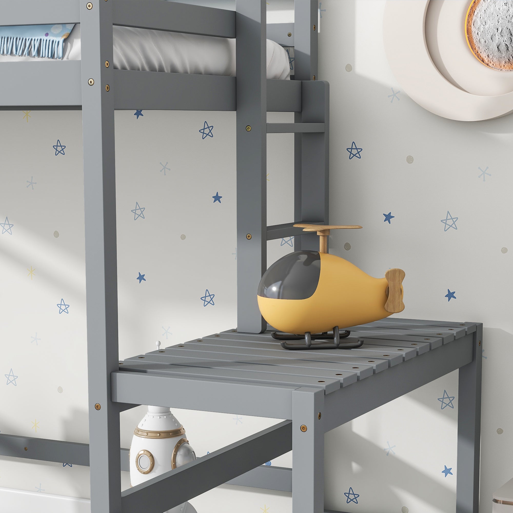 Gray Twin High Loft Bed with Ladder Landing Platform and Guardrails