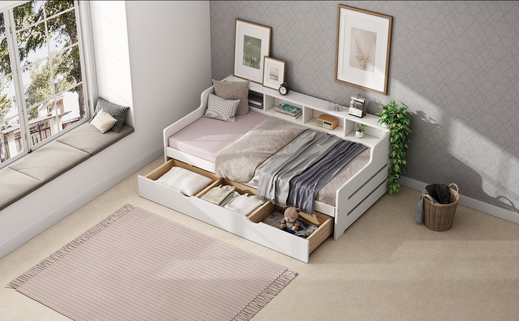 White Twin Daybed with Trundle and Storage Shelves