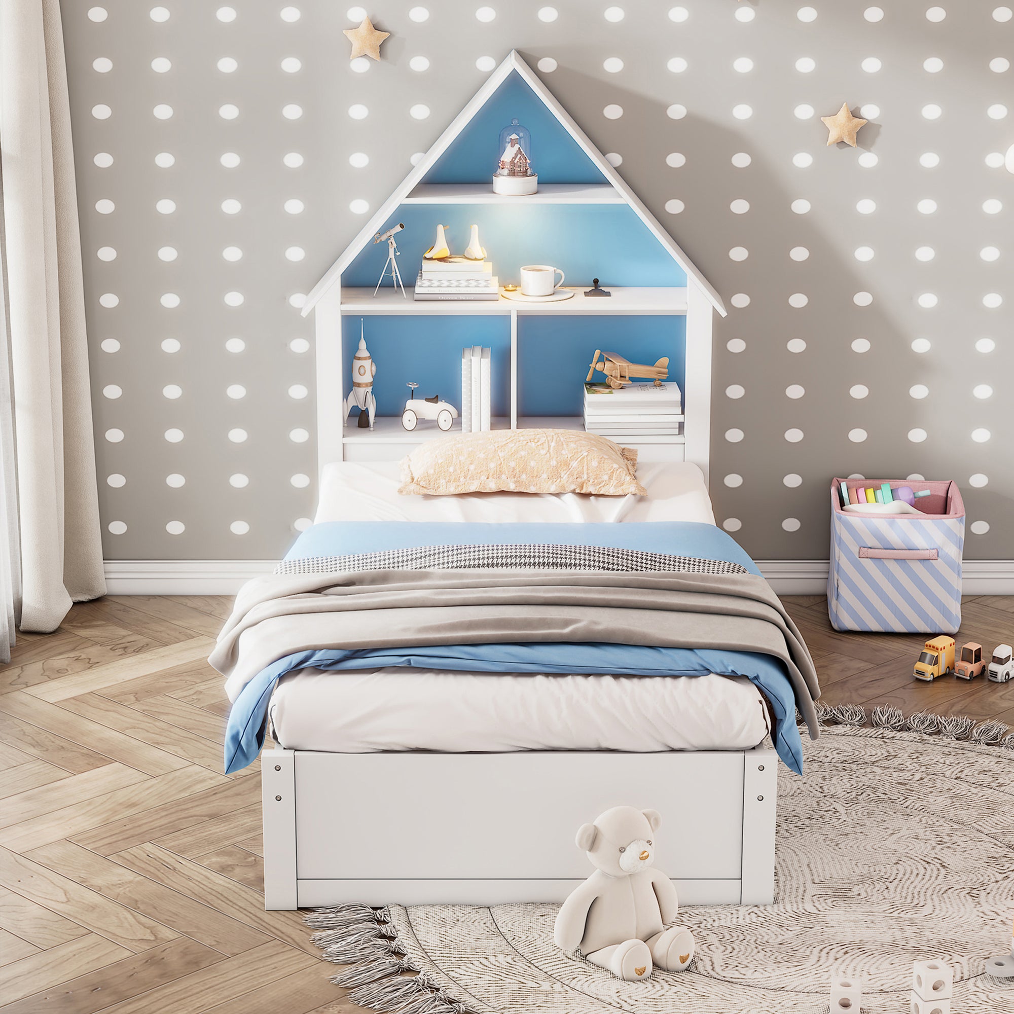 White & Blue Twin Size Bed with Bookcase, Trundle, and Motion-Activated Nightlight