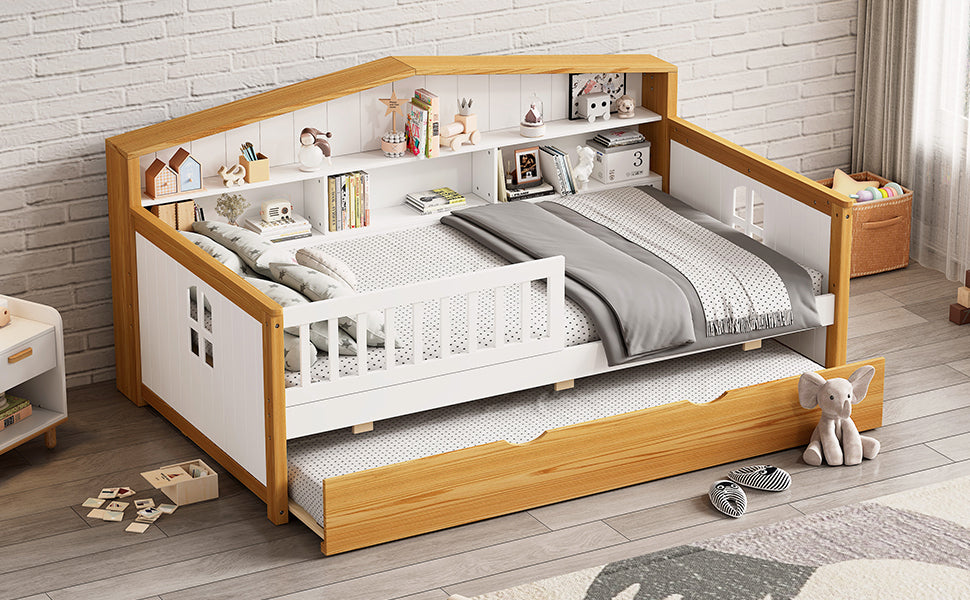 Twin Size Toddler Safety Bed Frame with Trundle & Fence Guardrails