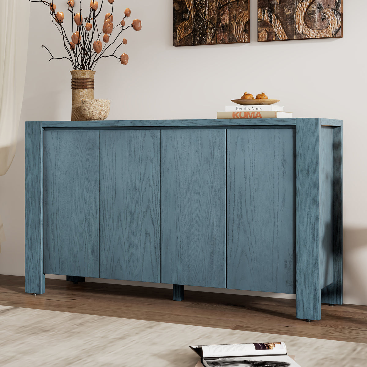 Retro Wood Sideboard Buffet Cabinet with 4 Doors and Adjustable Shelves In Navy