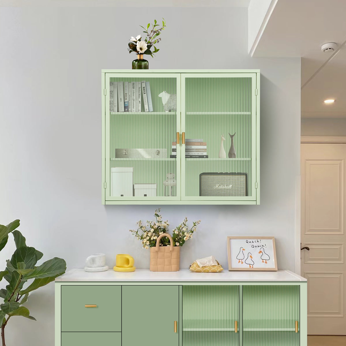 27.56 Glass Doors Modern Two-Door Wall Cabinet Featuring Three-Tier Storage In Mint Green