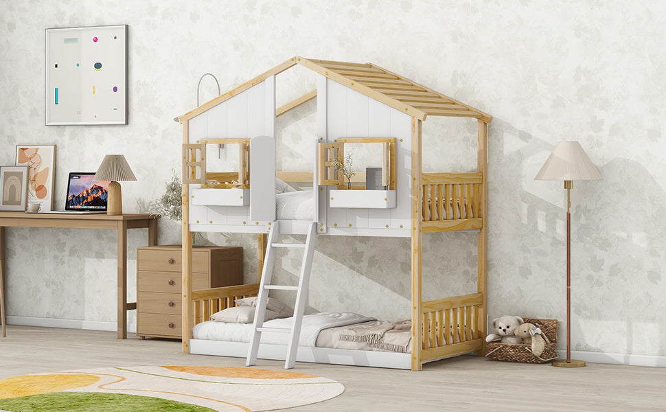 Twin Over Twin House Bunk Bed with Roof, Window, and Door in Natural and White Tones