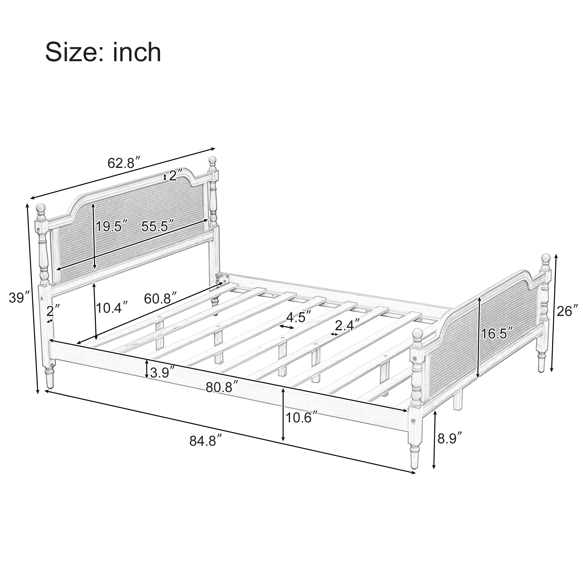 Traditional Queen Size Rattan Bed Frame in Antique Walnut