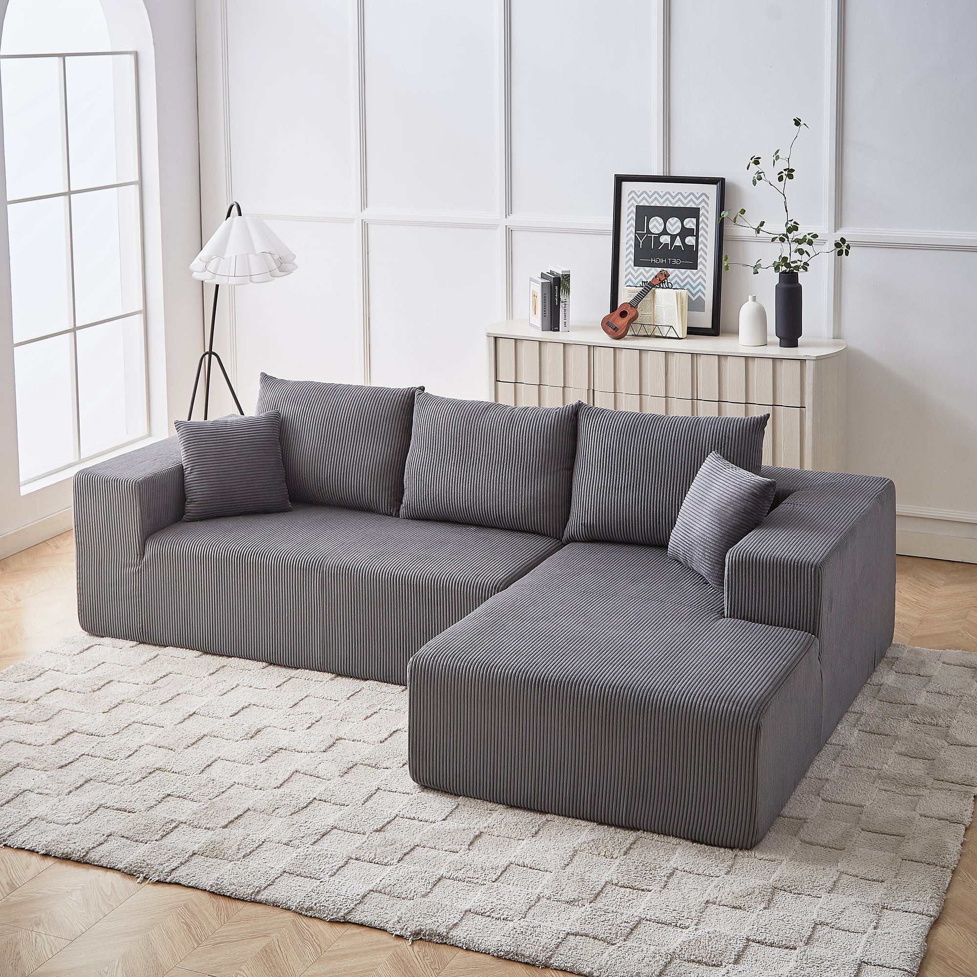 Modern Corduroy Upholstered Sectional Sofa Couch Set With Modular Design And Five Pillows For Customizable Comfort In Grey