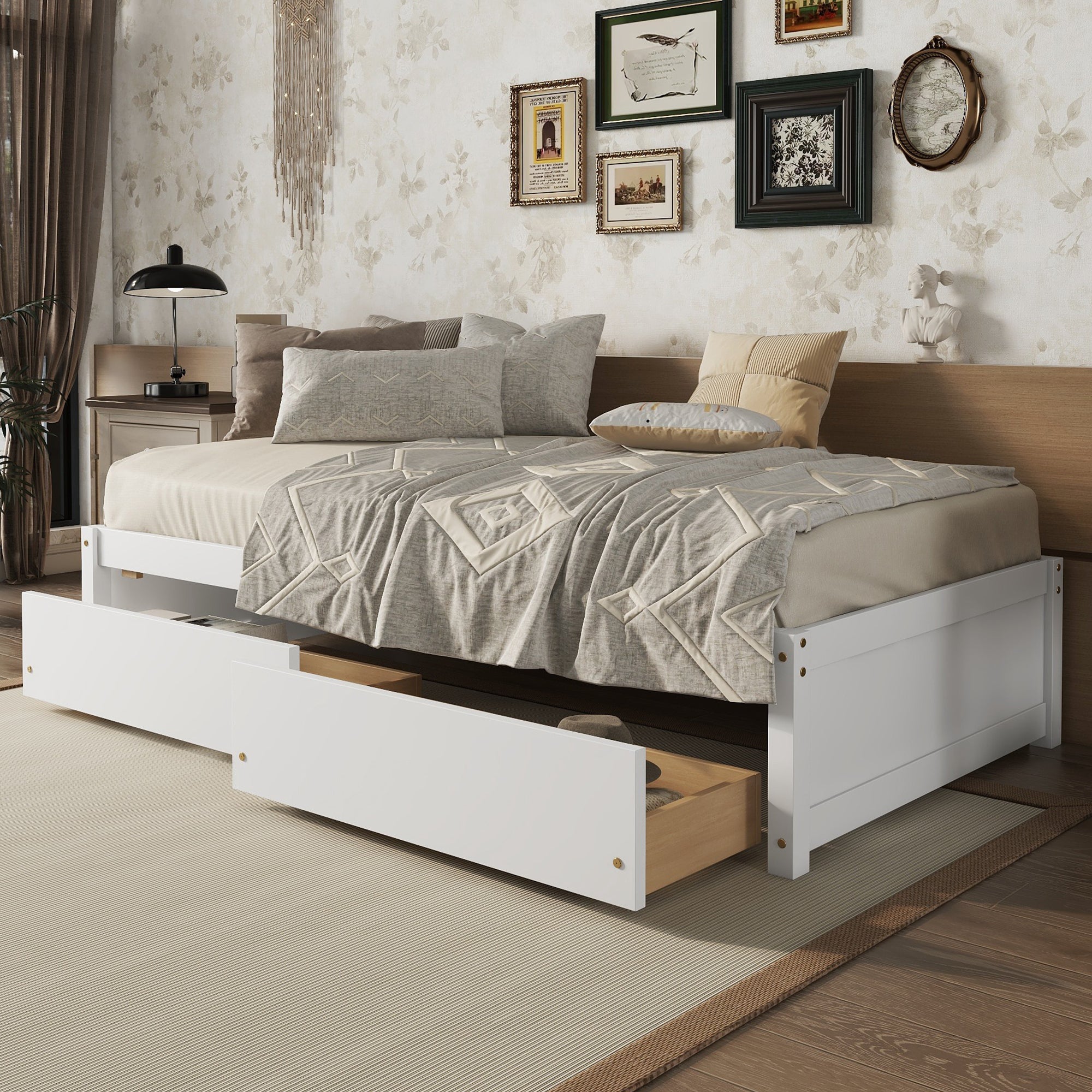 White Twin Bed with 2 Drawers, Solid Wood and No Box Spring Needed