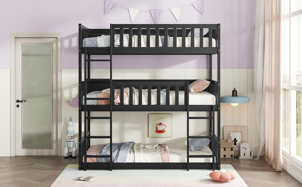 Black Twin Size Triple Rubber Wood Bunk Bed with Ladders and Detachable Design