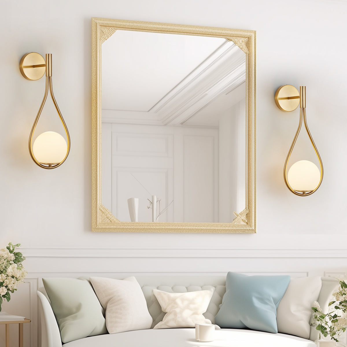 Set of 2 Modern Gold Wall Sconces with Opal Glass Globes